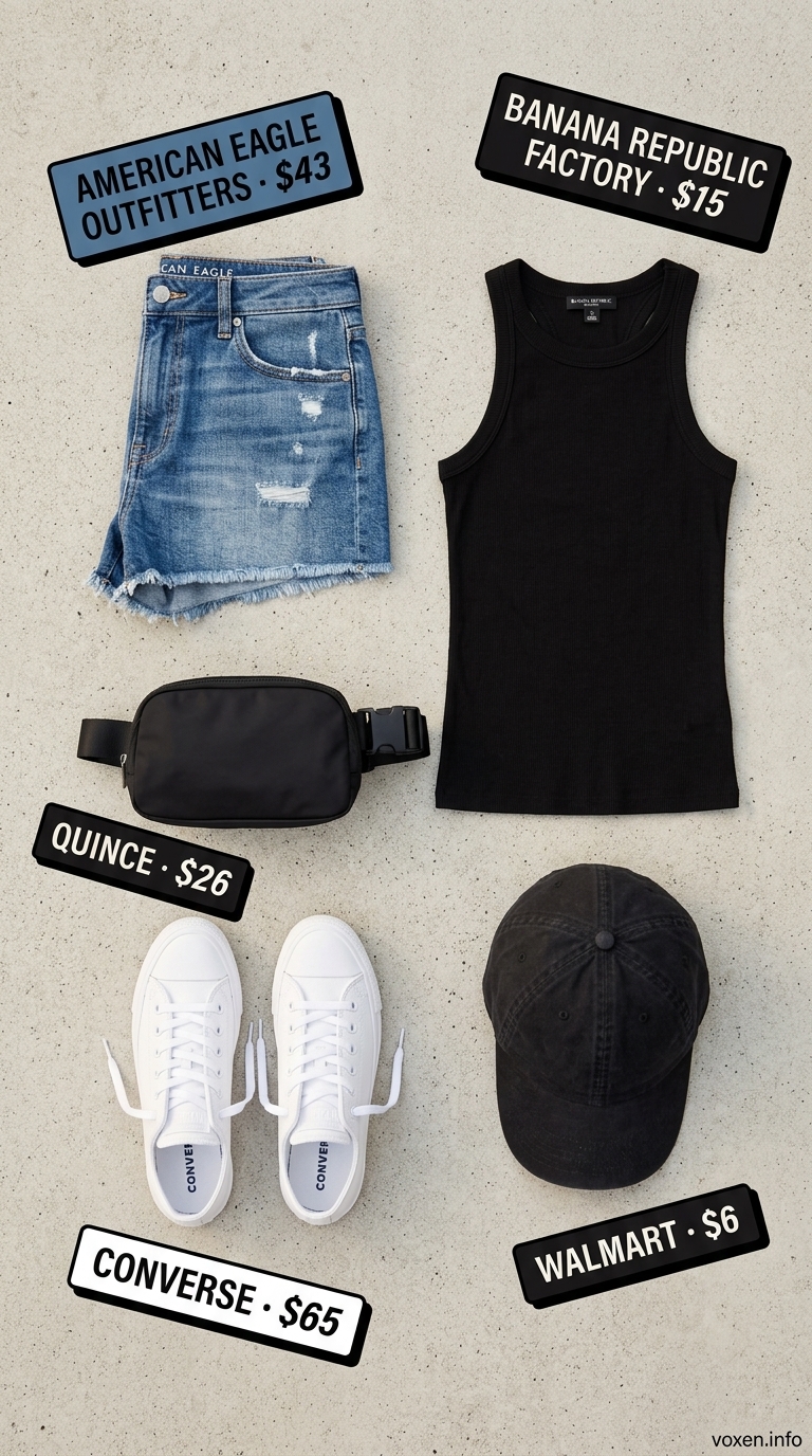 Weekend Casual Cool: Denim shorts & black tank for summer tops outfit for women 2026.