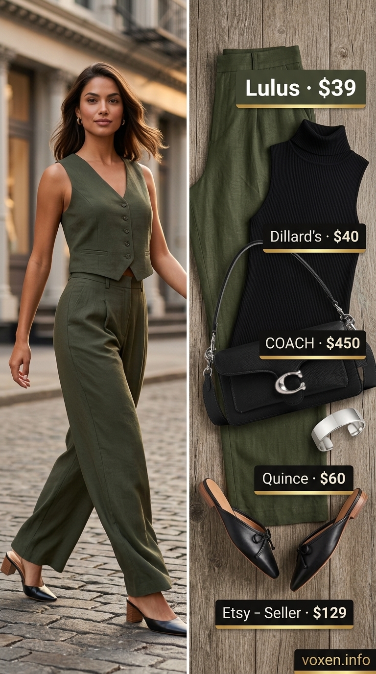 Olive green wide-leg pants outfit for women 2026, with a black turtleneck top and mules for a modern look.