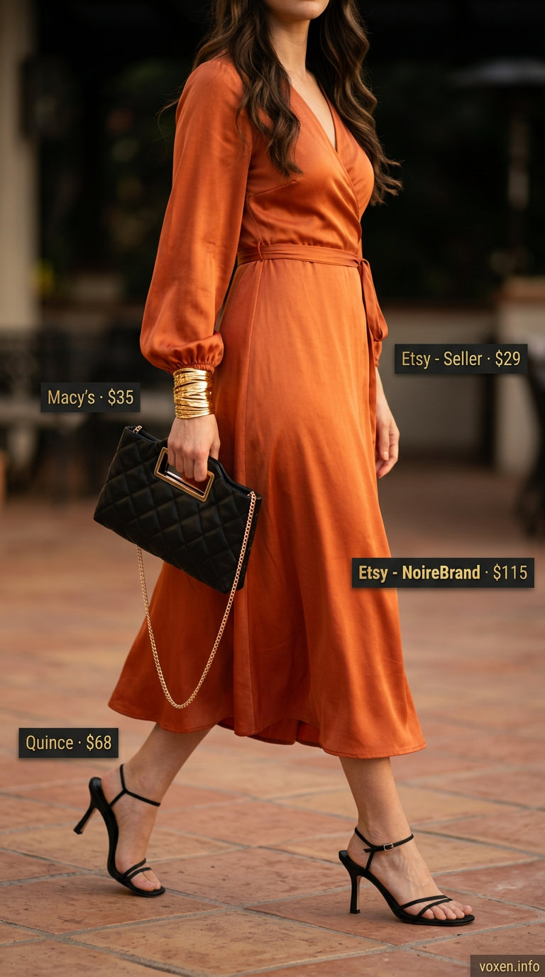 Vibrant mango orange wrap dress outfit for women 2026, perfect for summer evening events and date nights.