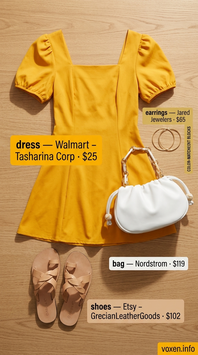 Bright yellow mini dress outfit for women 2026, with tan sandals and gold hoops for a playful festival look.