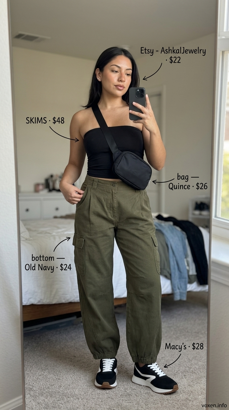 Cool charcoal grey tube top outfit for women 2026 with khaki cargo pants and belt bag for city exploration.