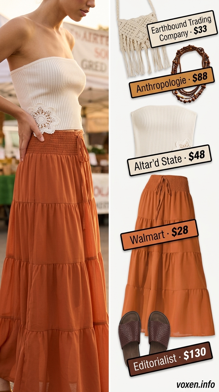 Bohemian cream crochet tube top outfit for women 2026 with terracotta maxi skirt and beaded necklaces.