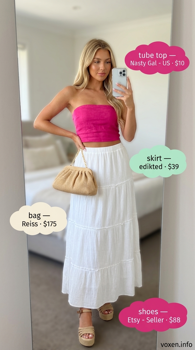 Festive fuchsia tube top outfit for women 2026 with tiered maxi skirt and hoop earrings for vacation dinner.