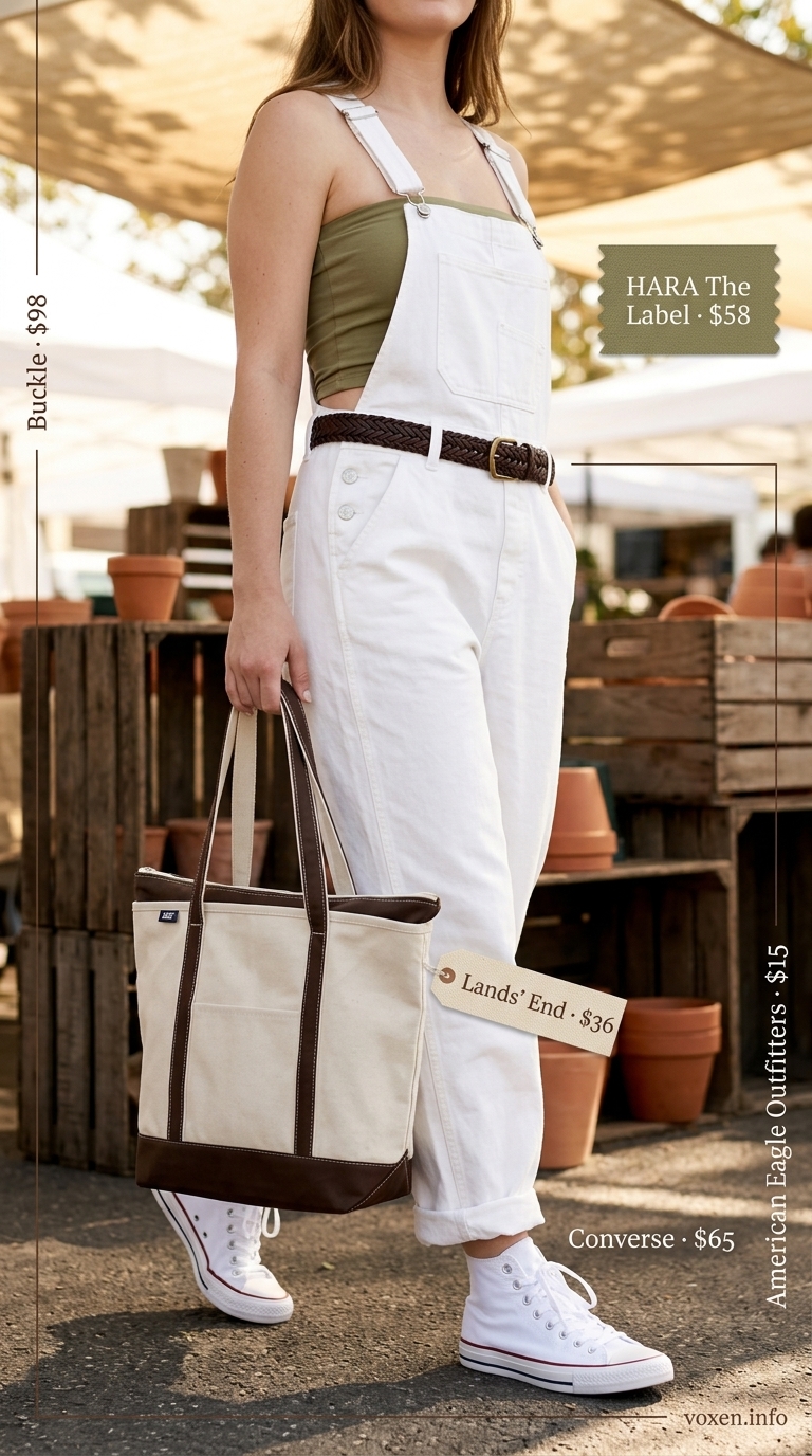 Playful khaki tube top outfit for women 2026 with white denim overalls and canvas tote for casual weekend.