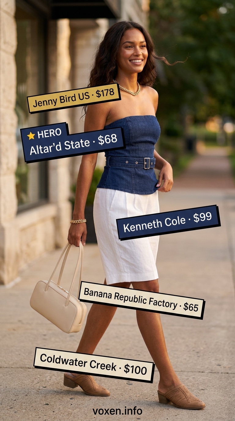 Sophisticated navy tube top outfit for women 2026 with tailored Bermuda shorts and mules for brunch.