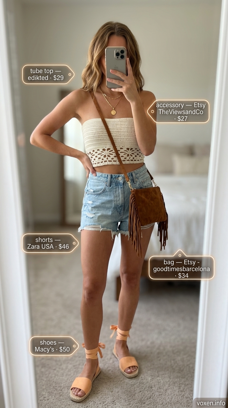 Earthy terracotta crochet tube top outfit for women 2026 with denim shorts and fringe bag for festival.