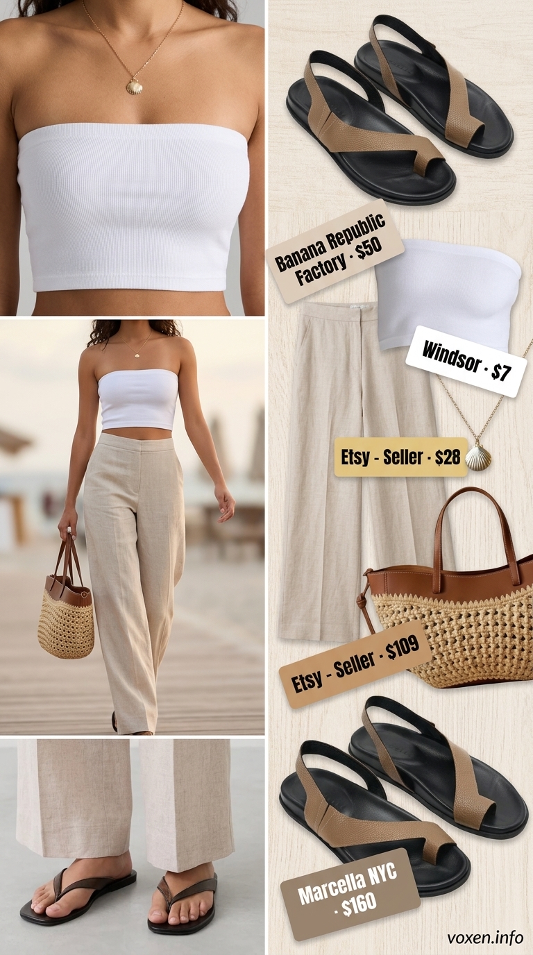 Relaxed white tube top outfit for women 2026 with sand linen pants and straw tote for beach vacation.