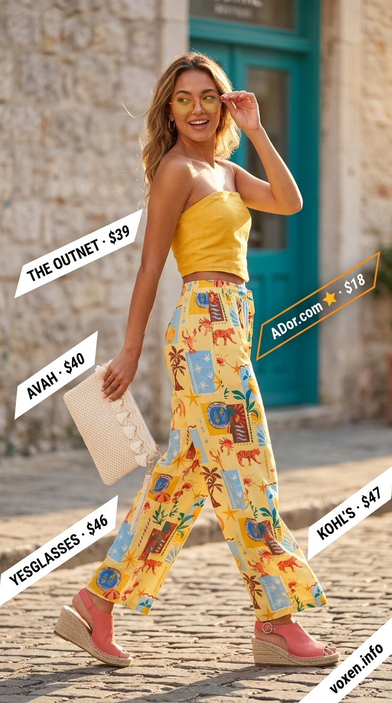Vibrant yellow tube top outfit for women 2026 with tropical print palazzo pants for resort dinner.