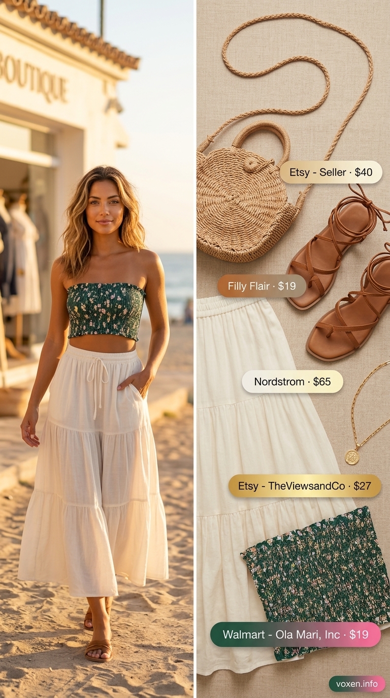 Bohemian summer tube top outfits for women 2026: Sage floral tube top with ecru maxi skirt for a festival.