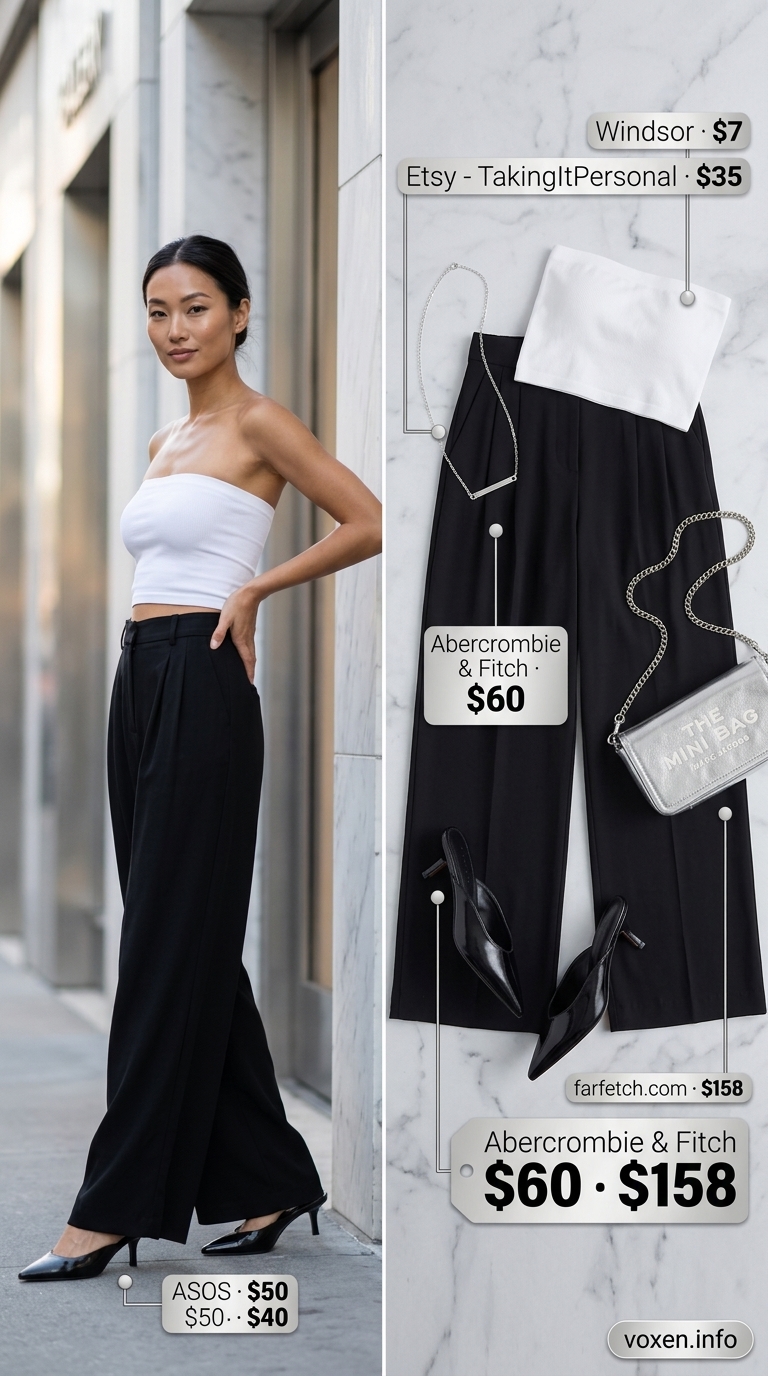 Chic summer tube top outfits for women 2026: Cream tube top with black wide-leg trousers for a city soiree.