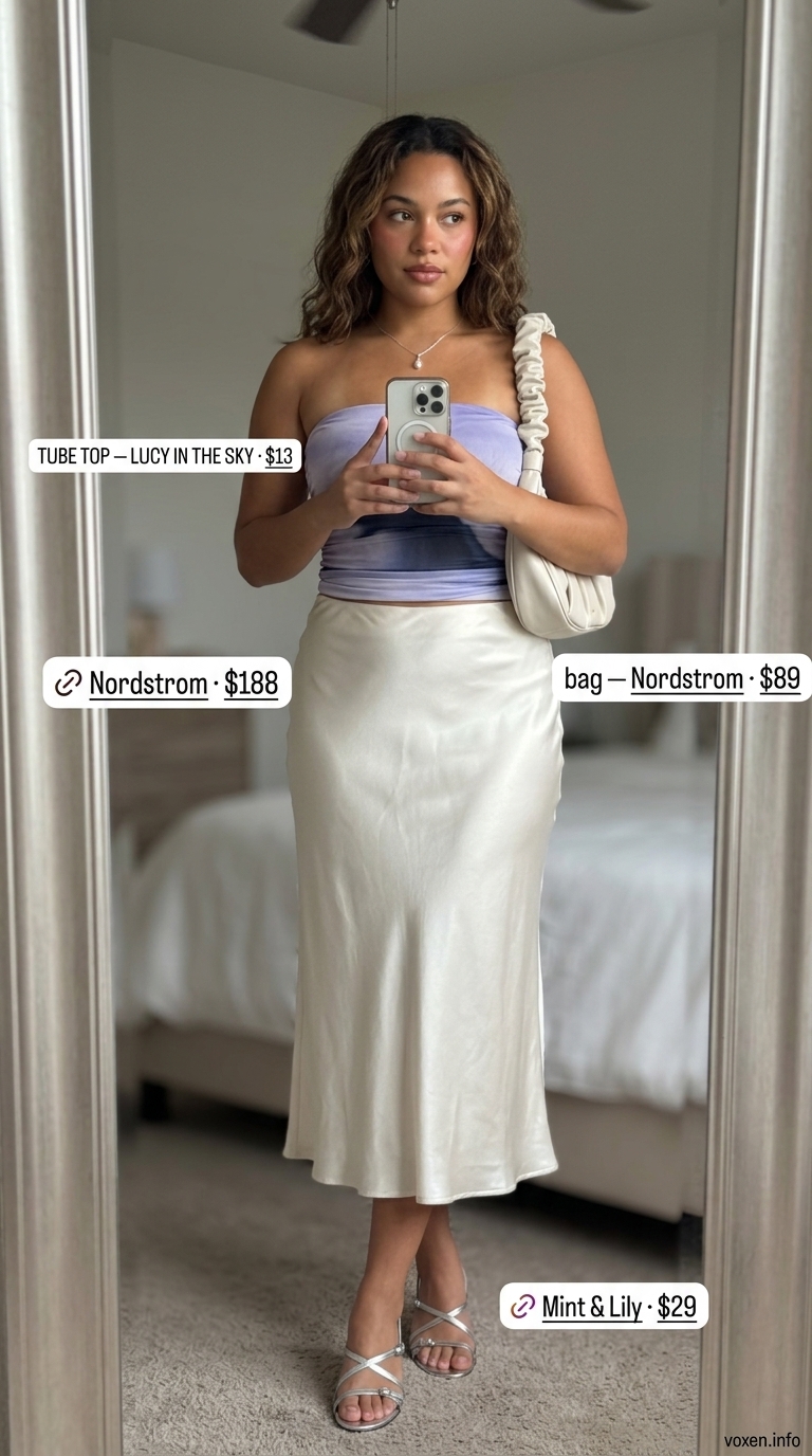 Dreamy summer tube top outfits for women 2026: Lavender mesh tube top with ivory satin midi skirt for a garden date.