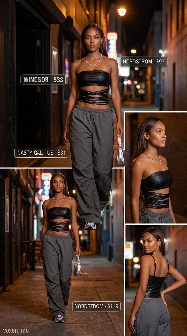 Edgy summer tube top outfits for women 2026: black faux leather top, cargo pants, combat boots for a concert.