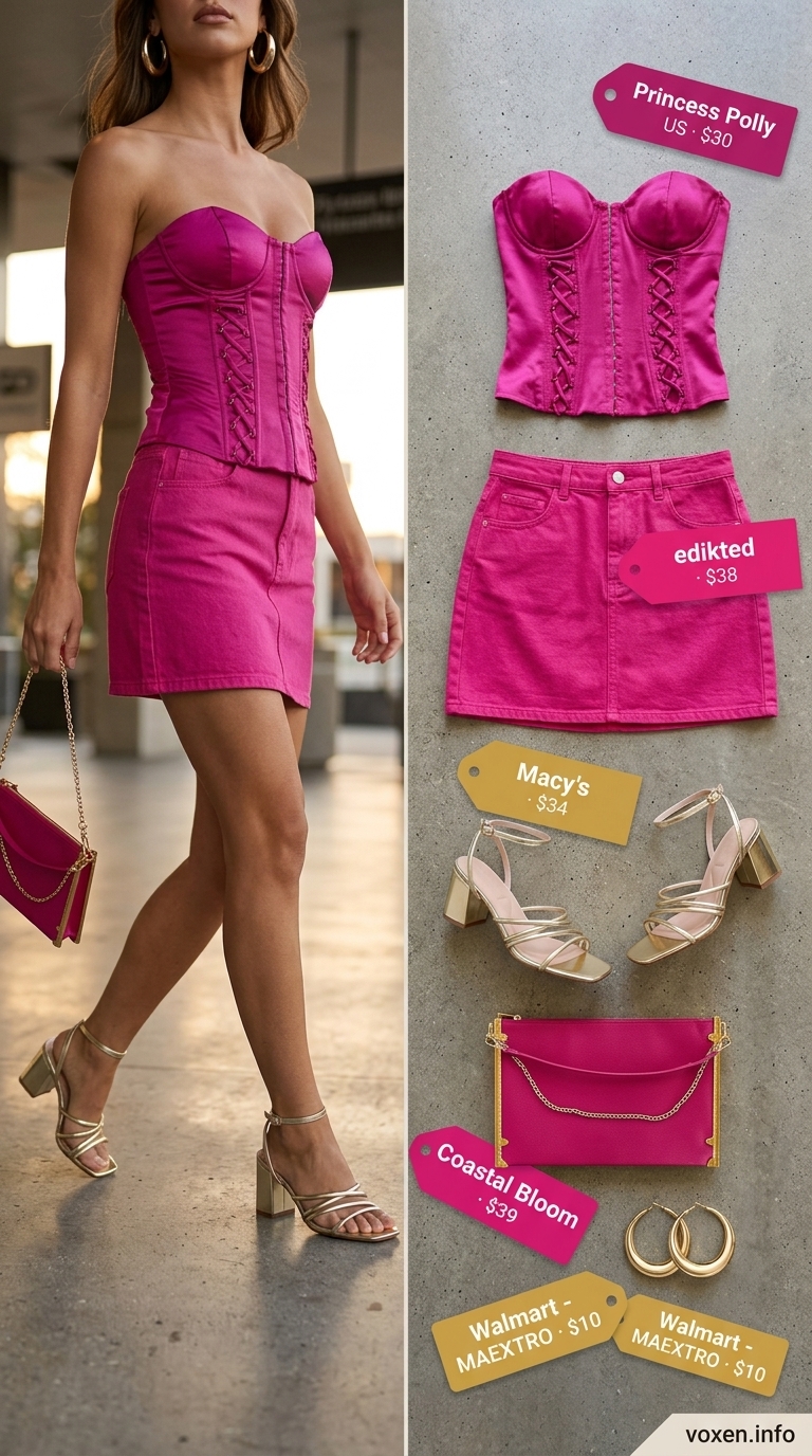 Glamorous summer tube top outfits for women 2026: fuchsia satin top, white denim skirt, gold hoops for a party.