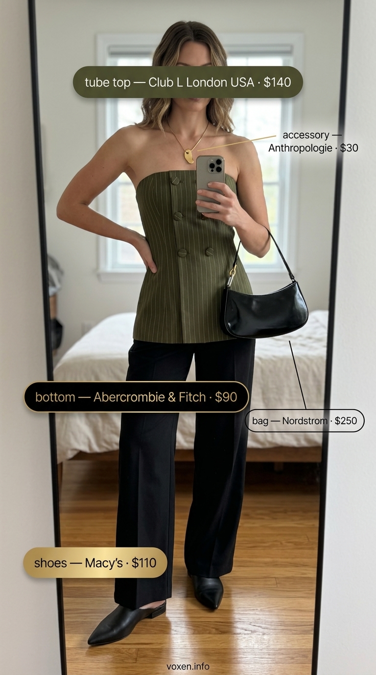 Sleek summer tube top outfits for women 2026: olive green top, black trousers, gold necklace for a gallery opening.