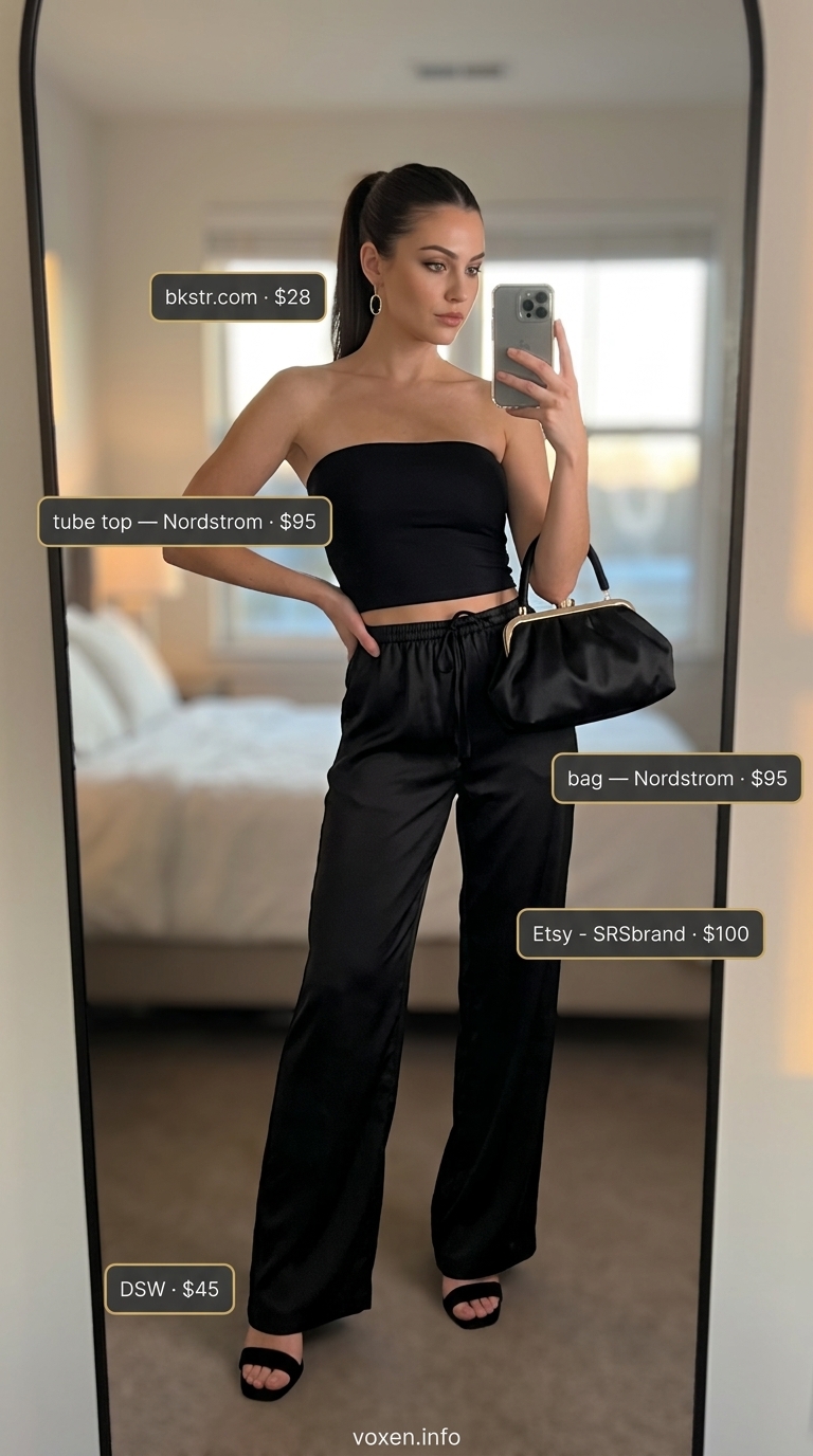 Glamorous summer tube top outfits for women 2026: Gold metallic tube top with black palazzo pants for an evening party.