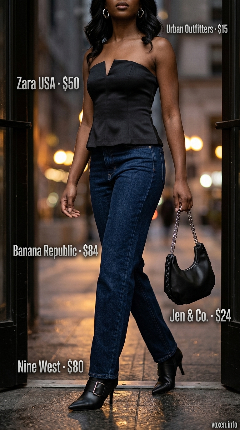 Bold summer tube top outfit for women 2026: black satin tube top, dark wash jeans, ankle boots, silver hoops for a night out.