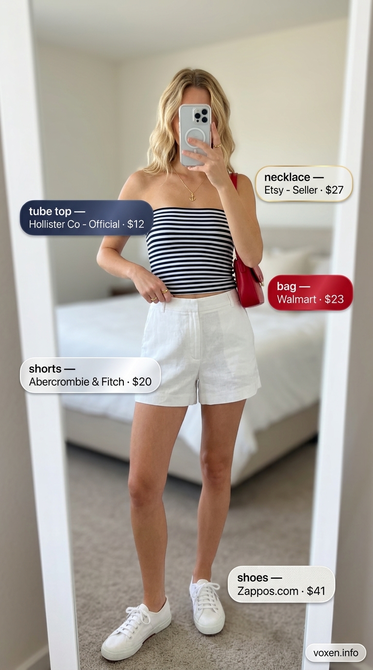 Playful summer tube top outfits for women 2026: navy stripe top, white linen shorts, red bag for a picnic.
