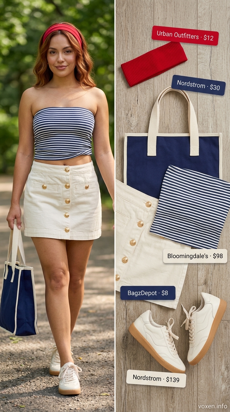 Preppy summer tube top outfits for women 2026: Navy stripe tube top with white A-line mini skirt for a park picnic.