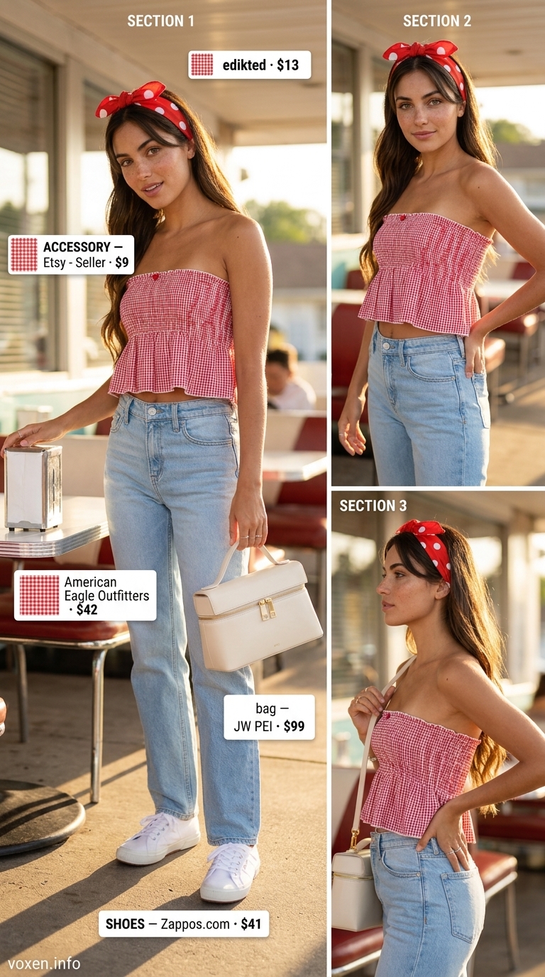 Playful summer tube top outfits for women 2026: red gingham tube top, denim jeans, white sneakers for a diner date.