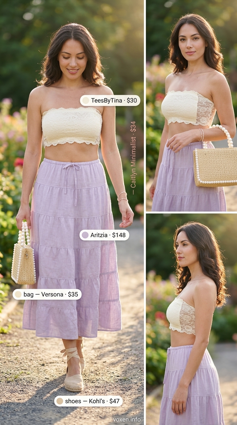 Soft summer tube top outfits for women 2026: cream eyelet top, lavender skirt, nude espadrilles for a garden date.