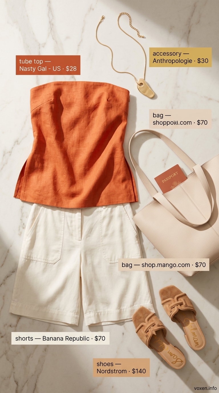 Elegant summer tube top outfits for women 2026: Terracotta tube top with beige Bermuda shorts for a sophisticated lunch.