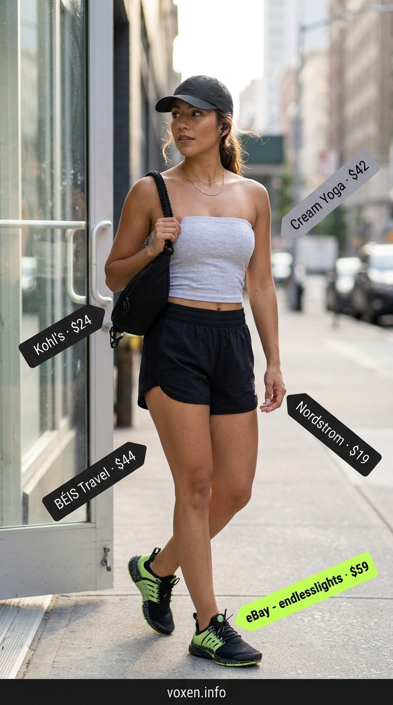Sporty summer tube top outfits for women 2026: grey athletic top, black shorts, sneakers for athleisure.
