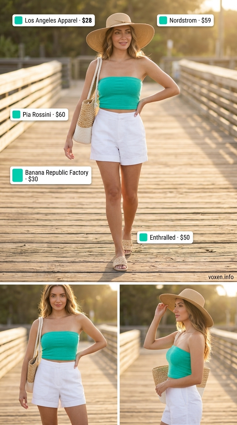 Relaxed summer tube top outfits for women 2026: Teal terry cloth tube top with white linen shorts for a resort vibe.