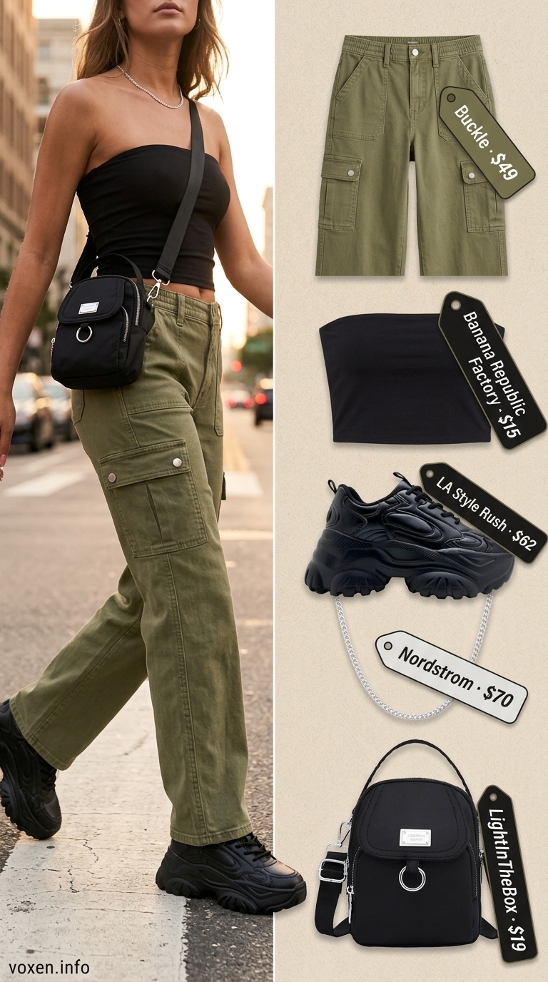 Edgy summer tube top outfits for women 2026: Black tube top with olive green cargo pants for urban exploration.
