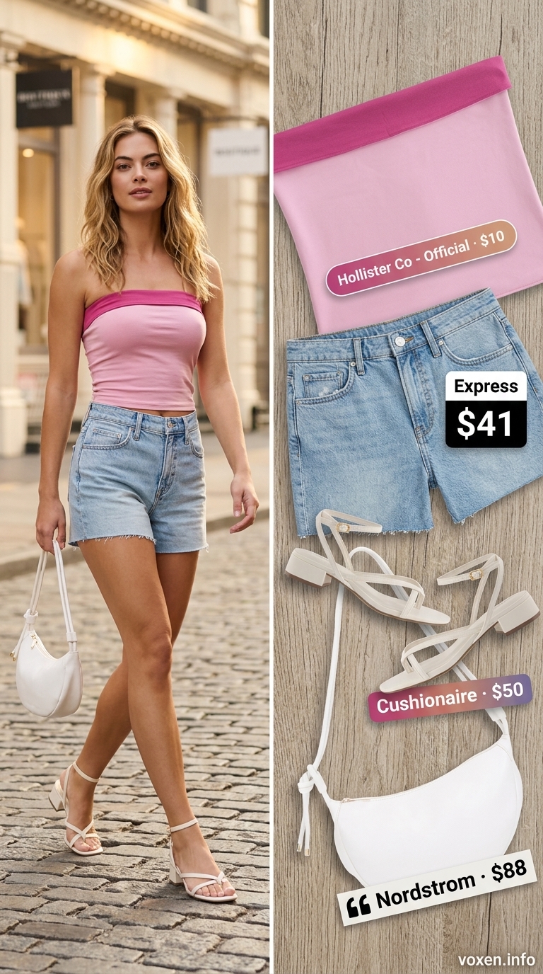 Vibrant summer tube top outfits for women 2026: fuchsia tube top, denim shorts, white bag, silver hoops for a party.