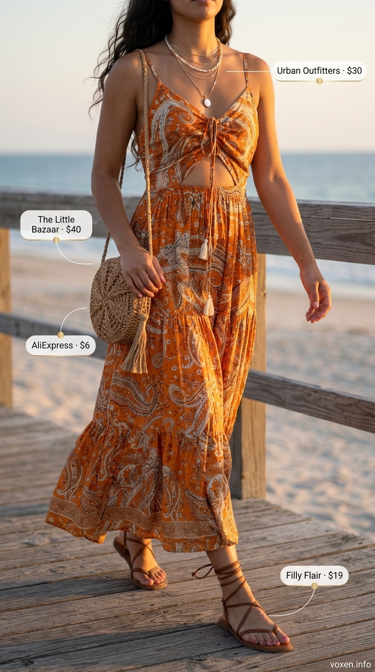 Bohemian maxi dress outfit with straw hat for beachside dinners, part of summer vacation resort outfits for women 2026.