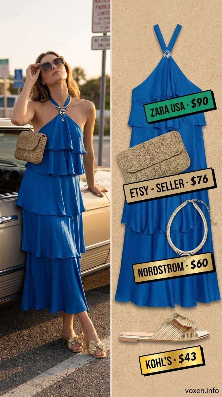 Cobalt blue maxi dress for summer vacation resort outfits for women 2026. Effortless glamour for resort dinners.