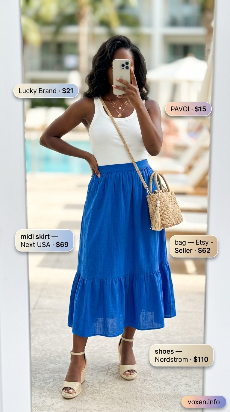 Cobalt blue midi skirt outfit with gold necklaces for market strolls, part of summer vacation resort outfits for women 2026.