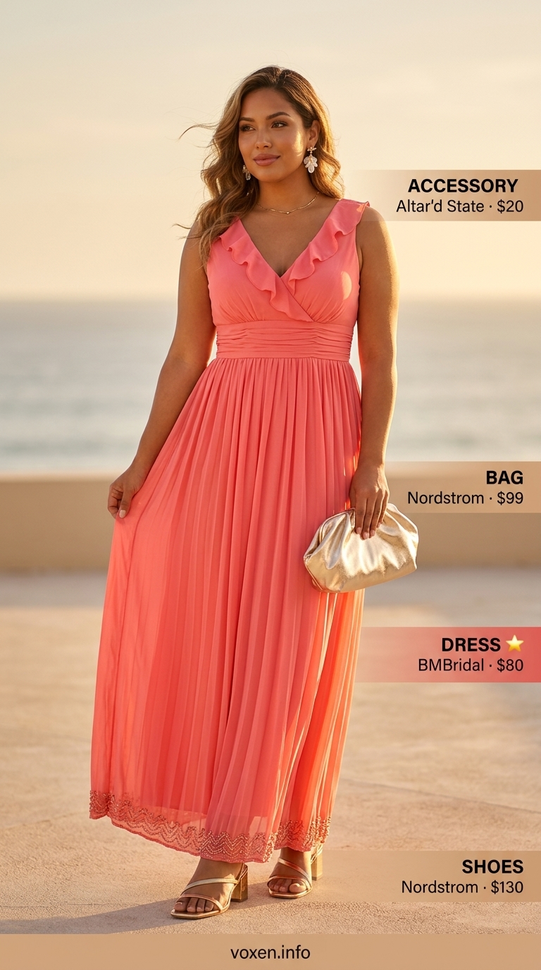 Vibrant coral maxi dress for summer vacation resort outfits for women 2026. Elegant for sunset cocktails or gala.