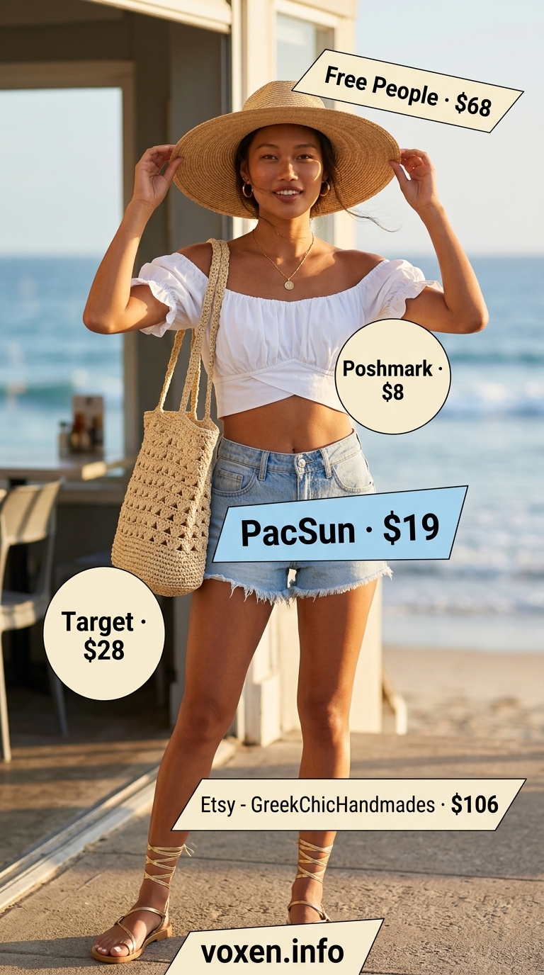 Denim shorts and off-shoulder top for summer vacation resort outfits for women 2026. Relaxed for island hopping.