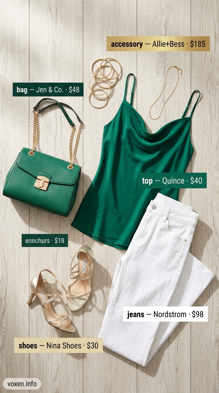 Emerald green camisole and white jeans for summer vacation resort outfits for women 2026. Elegant for upscale dinners.