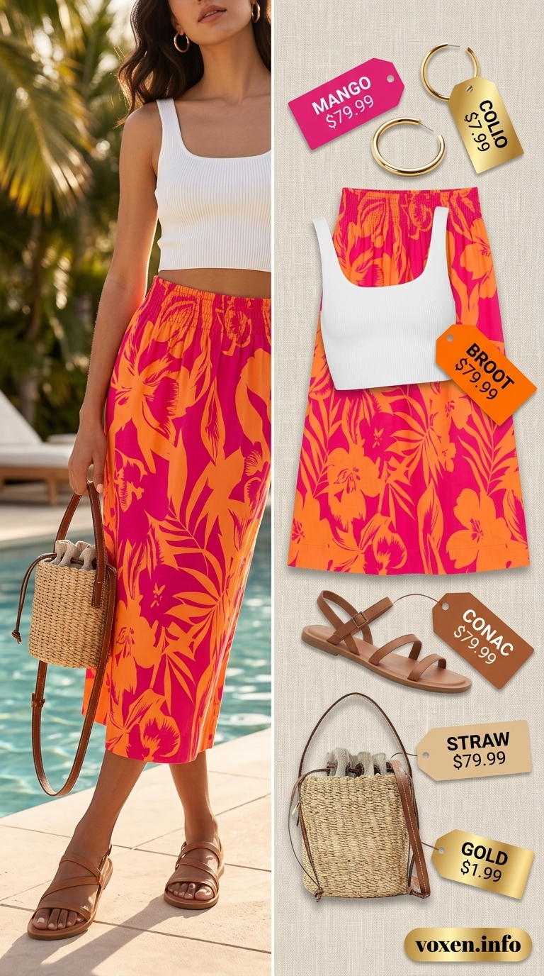 Floral midi skirt outfit for summer vacation resort outfits for women 2026. Playful for resort brunch.