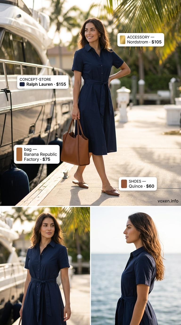 Navy midi shirt dress for summer vacation resort outfits for women 2026. Sophisticated for travel days.