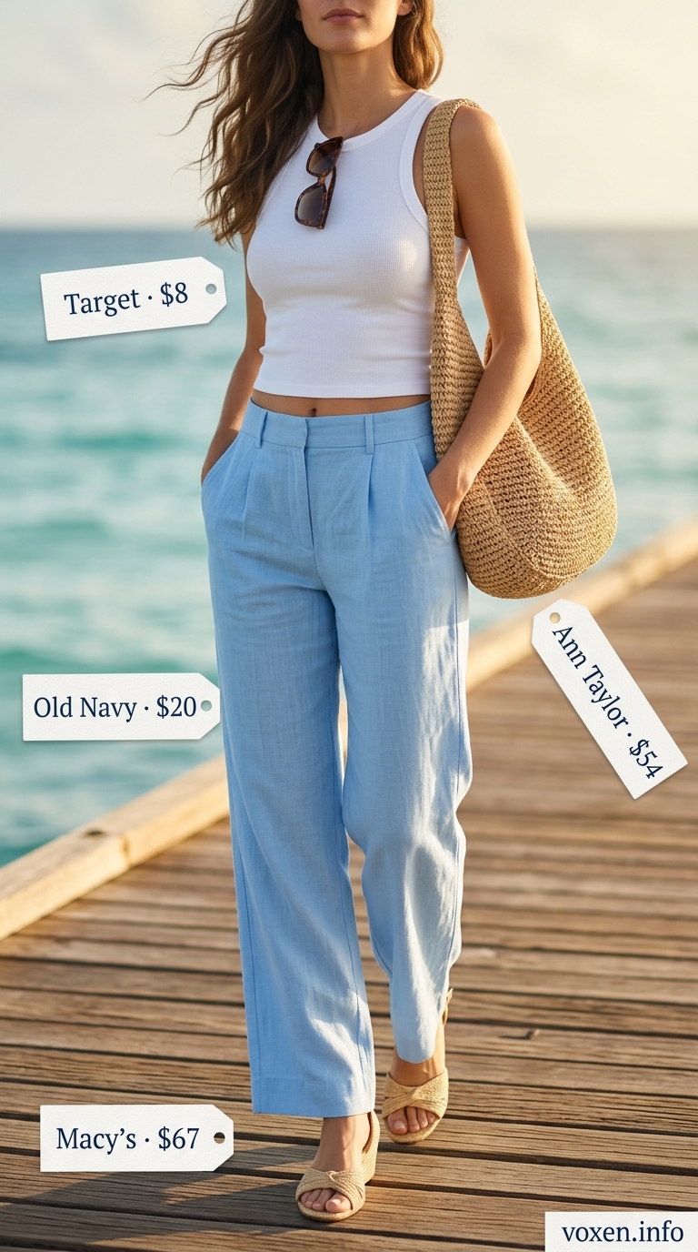 Sky blue linen pants outfit with woven tote for resort brunch, part of summer vacation resort outfits for women 2026.