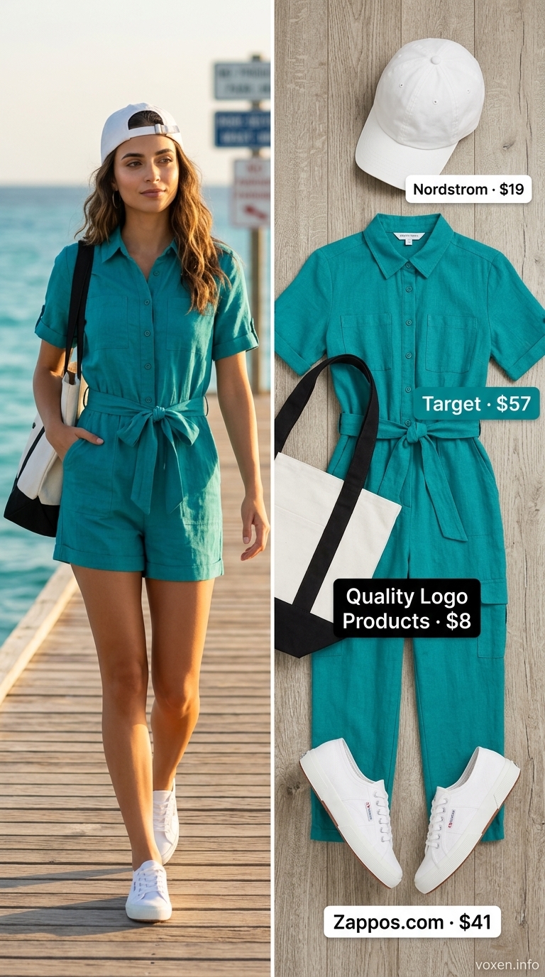 Teal utility romper outfit with white sneakers for beach clubs, part of summer vacation resort outfits for women 2026.