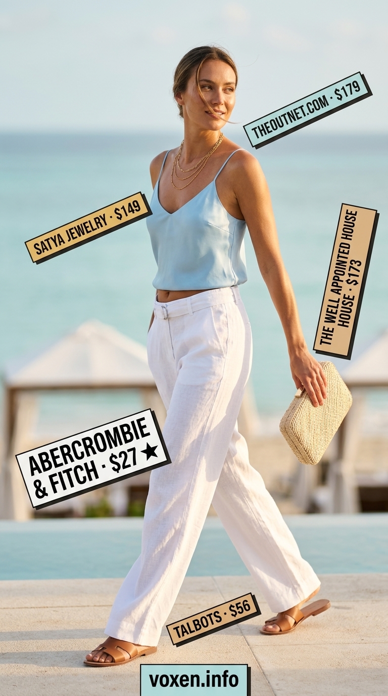 White linen pants outfit with sky blue camisole for coastal elegance, part of summer vacation resort outfits for women 2026.