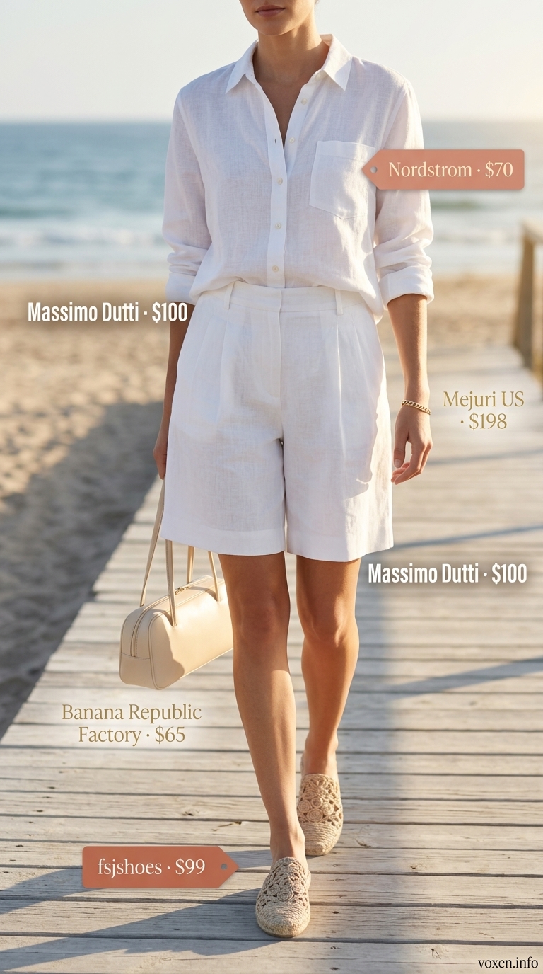 Cream Bermuda shorts and coral shirt for summer vacation resort outfits for women 2026. Linen shorts, linen shirt, espadrille mules, top-handle bag.