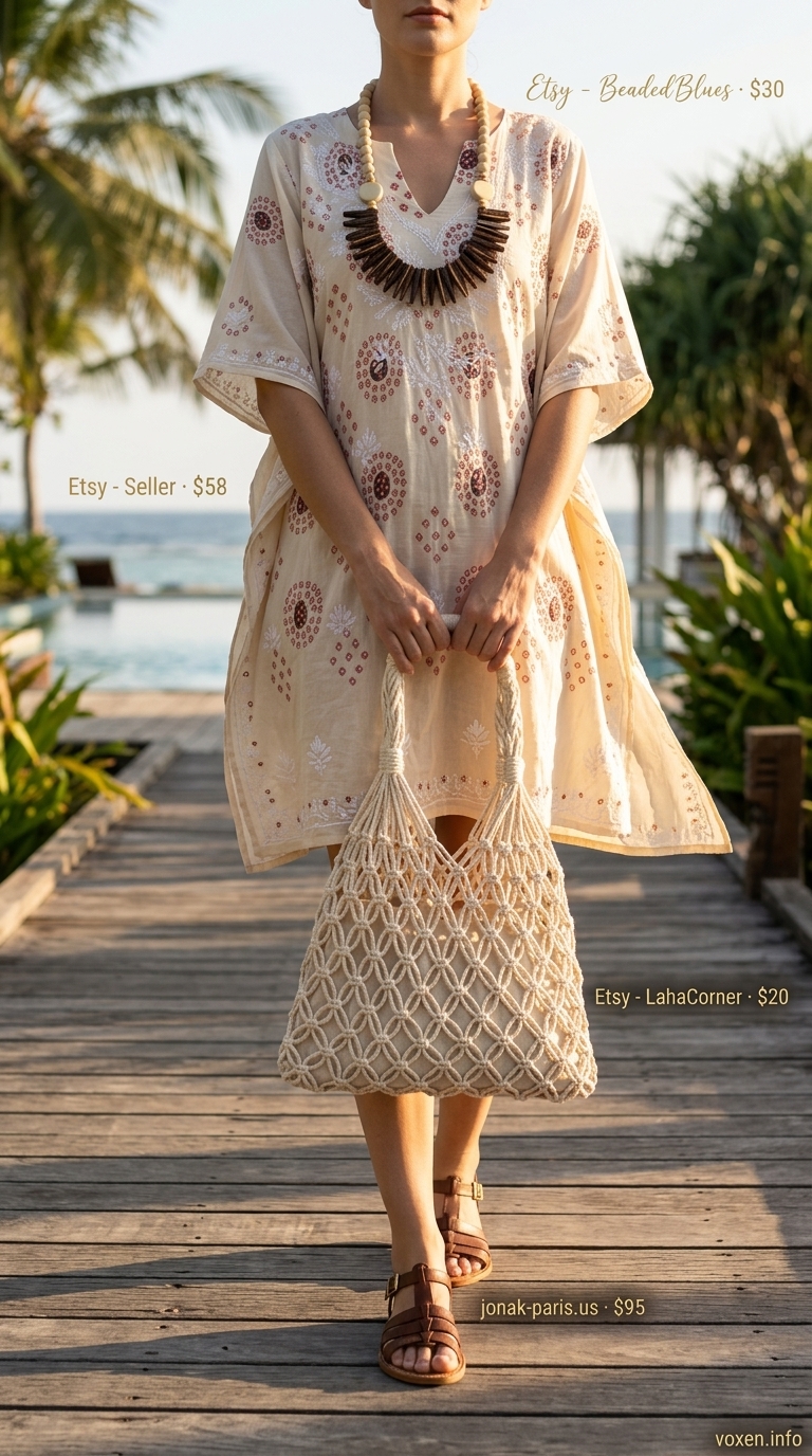 Cream embroidered caftan dress for summer vacation resort outfits for women 2026. Maxi dress, straw hat, macrame tote, beaded necklace.