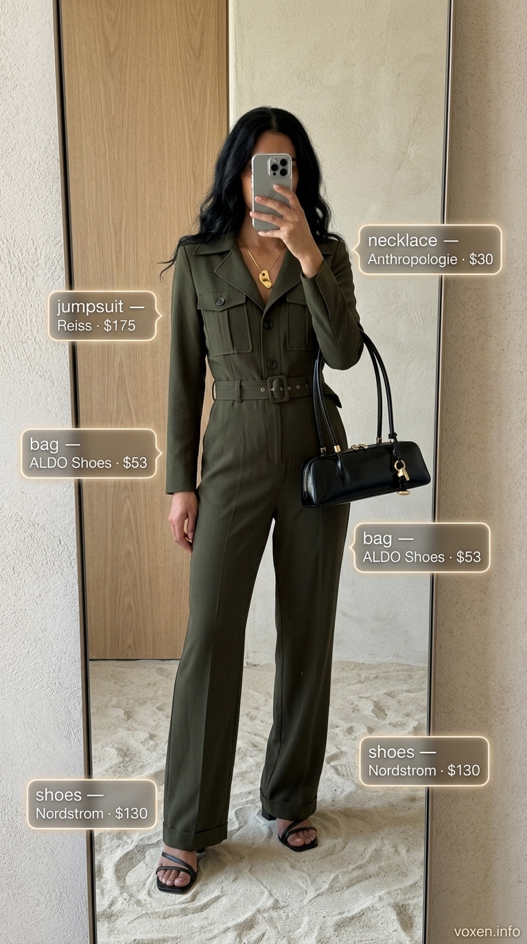 Olive green jumpsuit for summer vacation resort outfits for women 2026. Tailored jumpsuit, black block heels, mini shoulder bag, gold necklace.