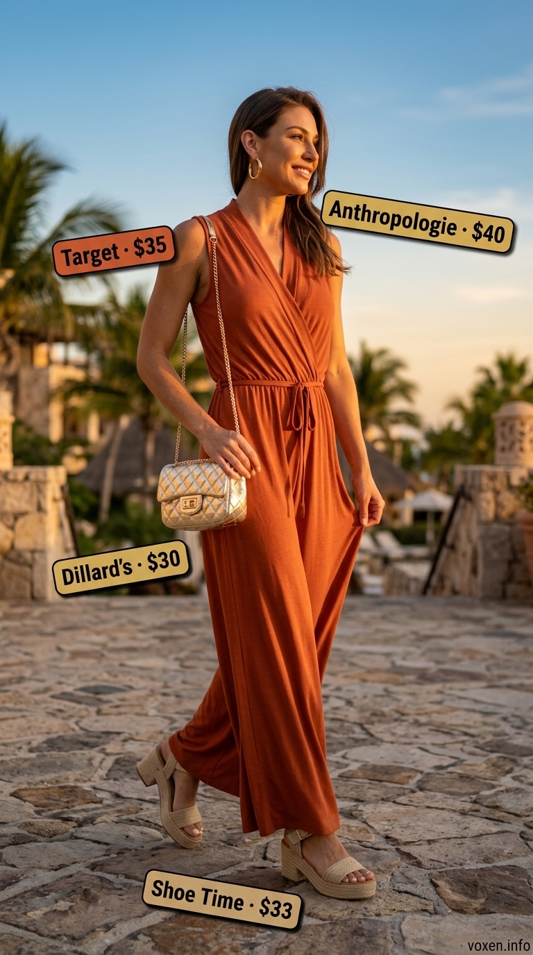 Terracotta knit jumpsuit for summer vacation resort outfits for women 2026. Wide-leg jumpsuit, espadrille sandals, gold hoop earrings, metallic bag.
