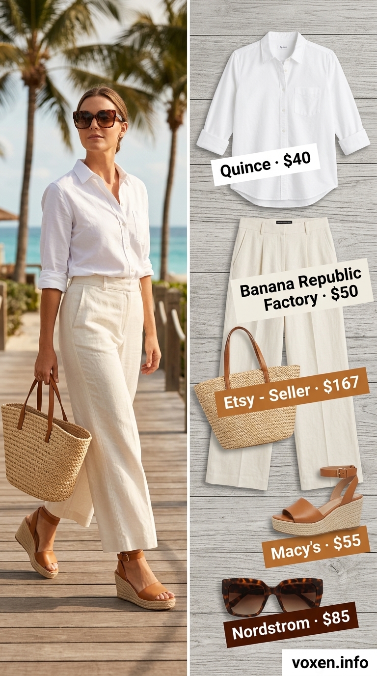 Crisp white linen pants for summer vacation resort outfits for women 2026. Wide-leg pants, linen shirt, espadrille wedges, straw tote.