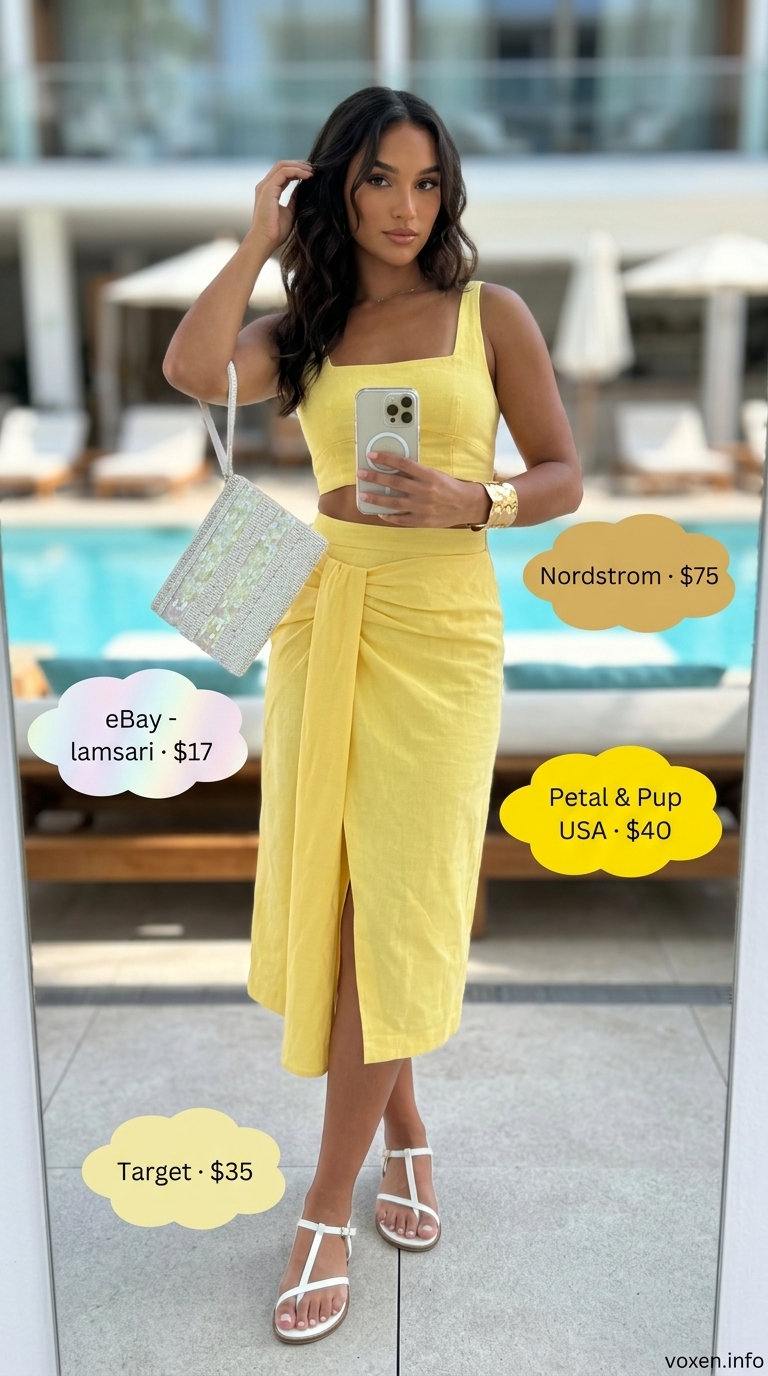 Bright yellow matching set for summer vacation resort outfits for women 2026. Sleeveless crop top, flowy maxi skirt, white sandals, gold cuff.