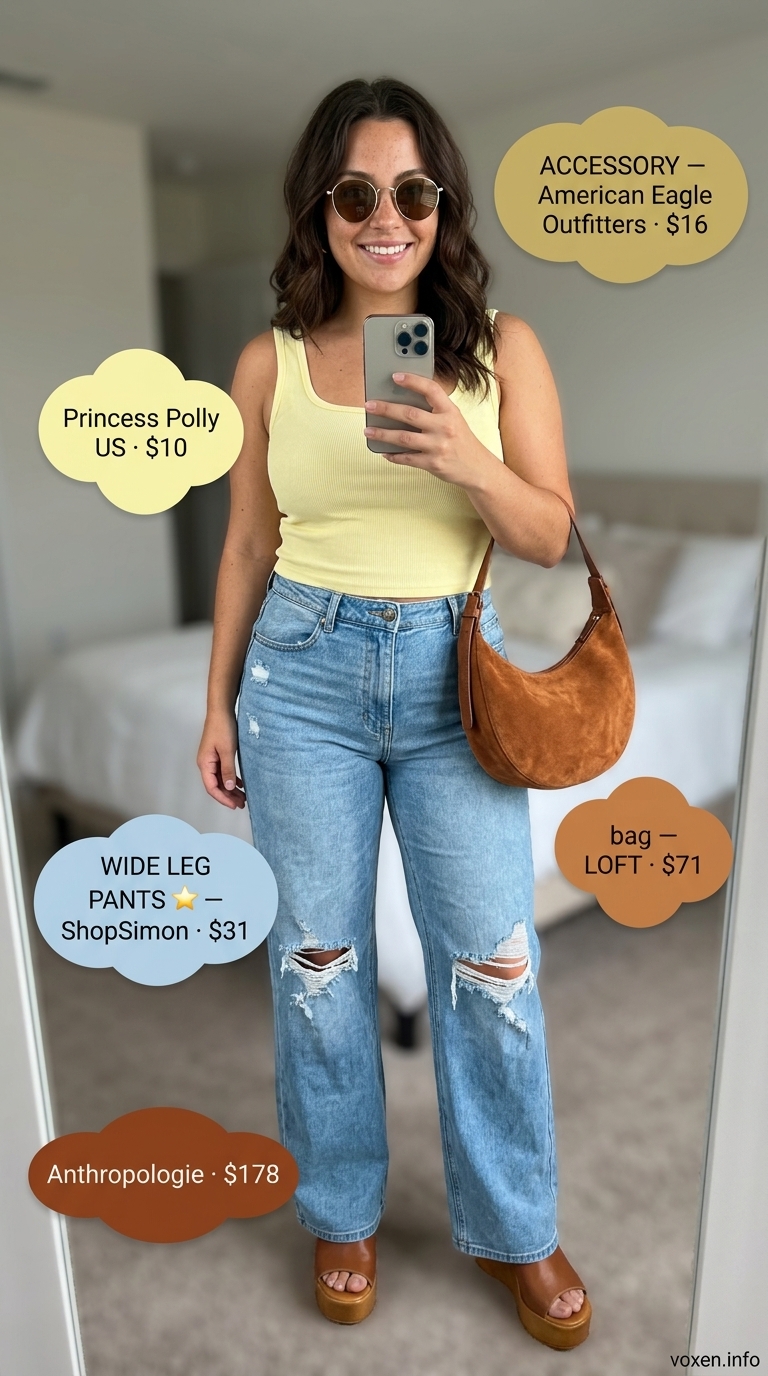Light wash denim wide leg jeans with mustard tank and platform sandals for summer wide leg pants outfits for women 2026.