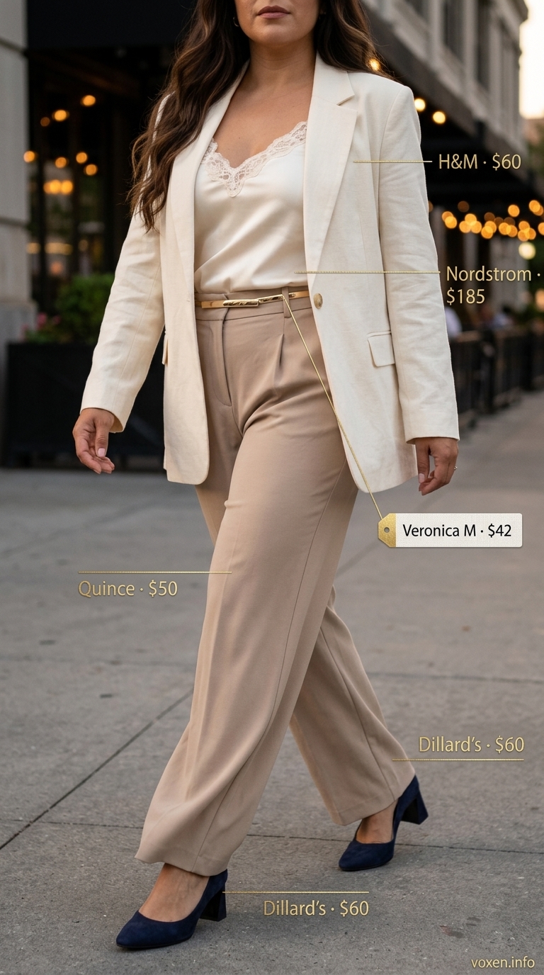 Navy wide leg pants with a cream blazer and silk cami for summer wide leg pants outfits for women 2026.