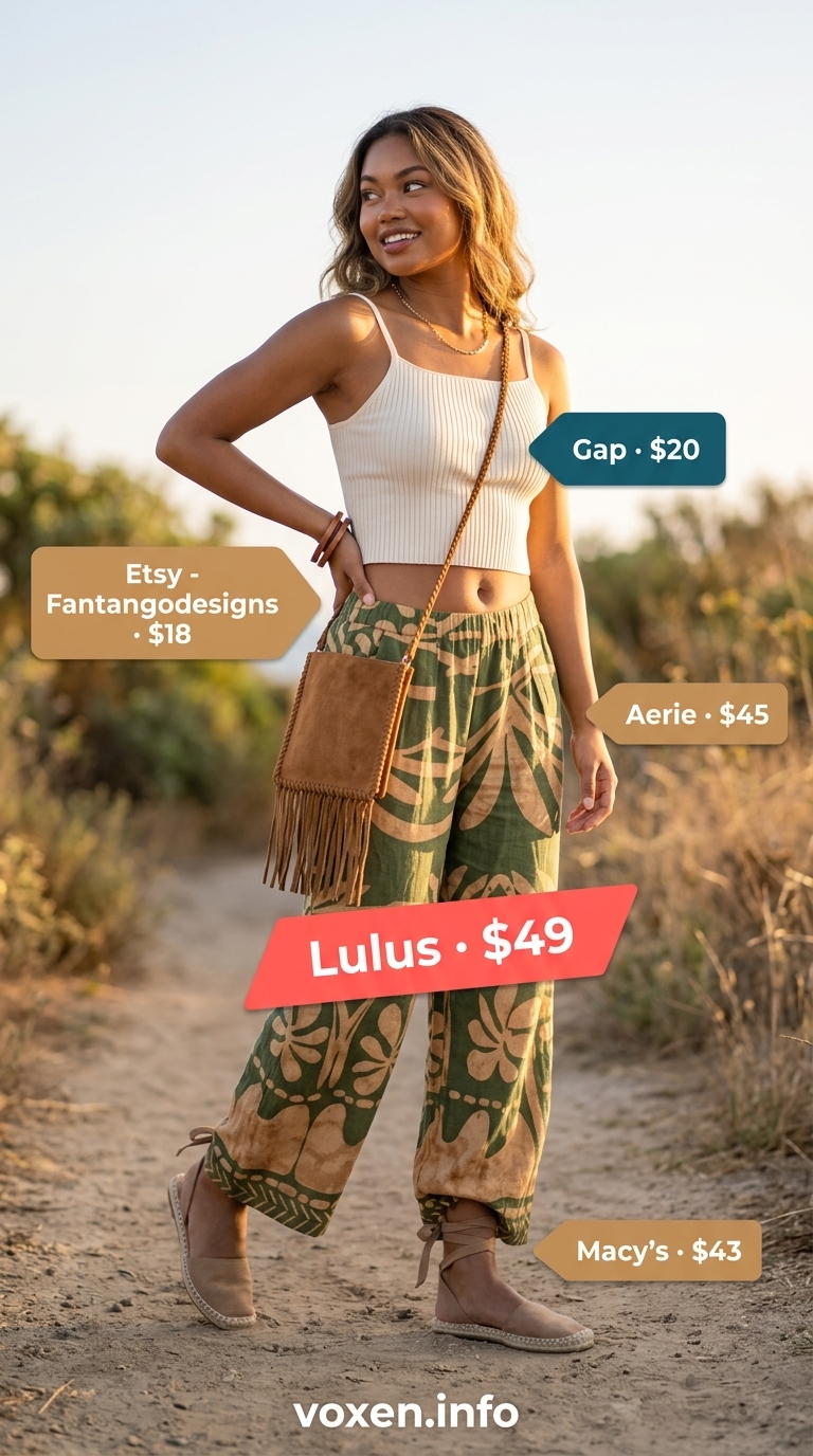 Boho Festival summer wide leg pants outfits for women 2026: multi-print pants, ivory crop top, tan espadrilles, fringed bag.