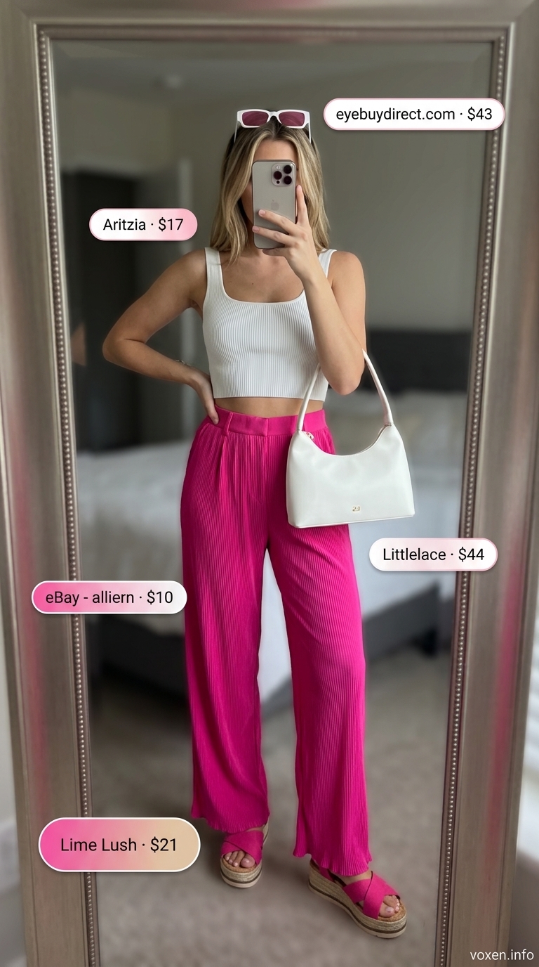 Summer wide leg pants outfits for women 2026: Hot pink pants, white top, platform sandals for brunch.